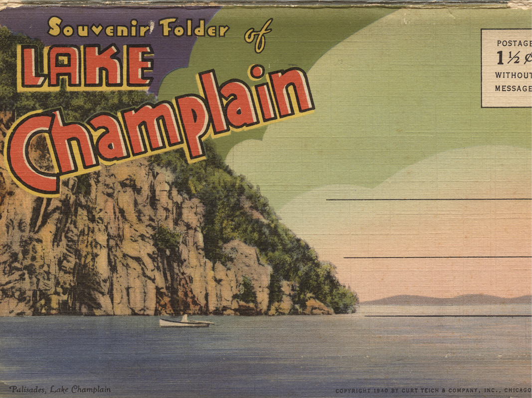 Postcard image saying Souvenir Folder of Lake Champlain with a sunset