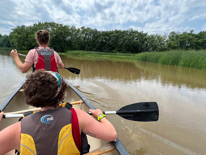 Two people paddling a canoe with trees and reeds in front of them and calm water.