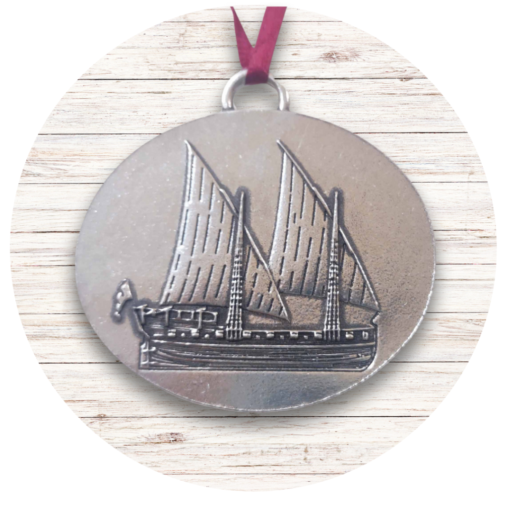 Pewter ornament of a two-masted ship